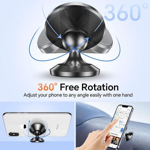 360-degree view of 2 Pack Magnetic Phone Holder For Car Dashboard With Strong Magnet And Metal Plate Included holding a phone