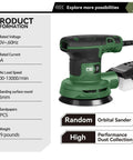 Solid Heavy Duty Five Inch Random Orbital Sander With Sweet Variable Speed Control Up To Thirteen Thousand Rpms And No Dust Cleanup Plus Loads Of Twenty One Piece Sandpaper For Easy Refinishing Jobs product specifications and design details.