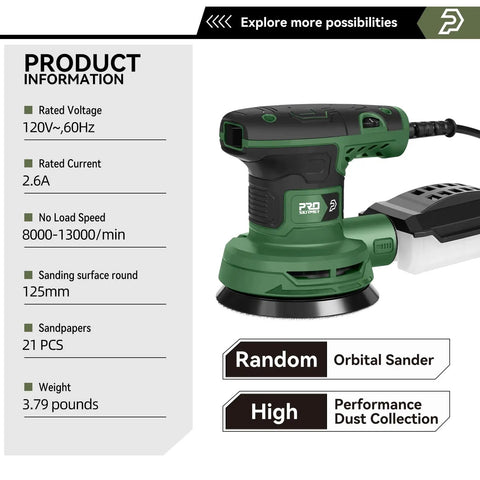Solid Heavy Duty Five Inch Random Orbital Sander With Sweet Variable Speed Control Up To Thirteen Thousand Rpms And No Dust Cleanup Plus Loads Of Twenty One Piece Sandpaper For Easy Refinishing Jobs product specifications and design details.