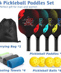 Premium Wood Pickleball Paddle Set for Men and Women with four colorful paddles, four towels, four balls, and a carry bag.