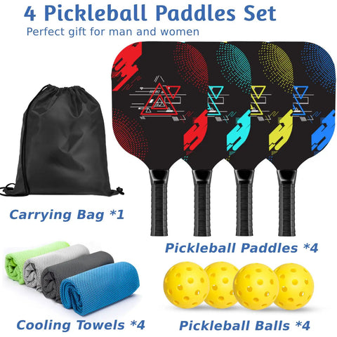 Premium Wood Pickleball Paddle Set for Men and Women with four colorful paddles, four towels, four balls, and a carry bag.