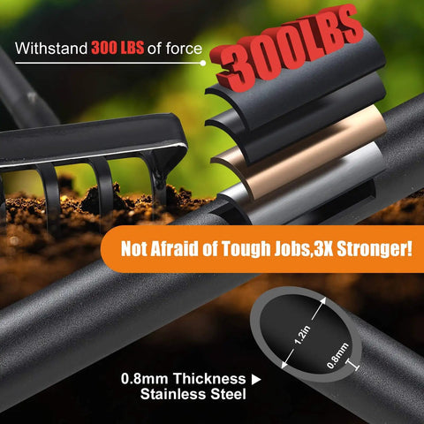 Close-up of 2 In 1 Garden Hoe with Stirrup Action and 4 Tine Cultivator Rake handle, highlighting strength and stainless steel layers.