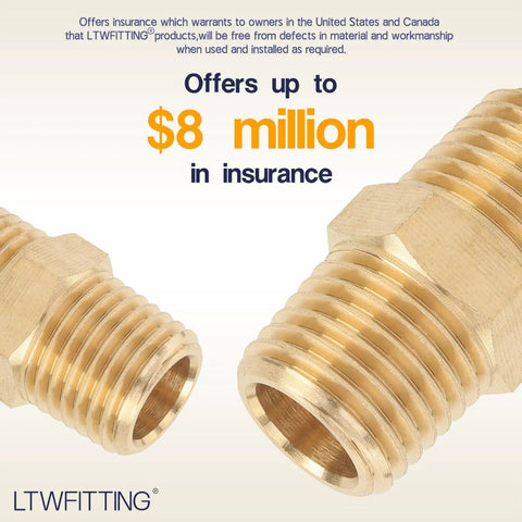Brass Pipe Hex Nipple Fitting One Quarter Inch NPT Male Thread Close-up with $8 Million Insurance Offer