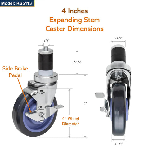 Built Tough 4 Inch Heavy Duty Caster Wheels With Expanding Stem And Dual Brakes 1320 Lb Capacity dimensions and features