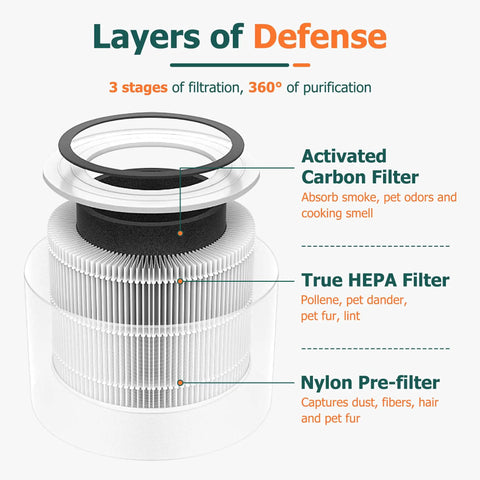 Diagram showcasing 3-In-1 H13 True HEPA Activated Carbon Replacement Filter For 300 Purifiers layers and functions.