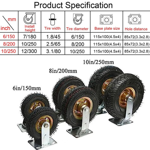 Product Specification image showing Heavy Duty Inflatable Pneumatic Swivel Casters Featuring Quiet Dual Bearings And Smooth Rolling Tires in various sizes.