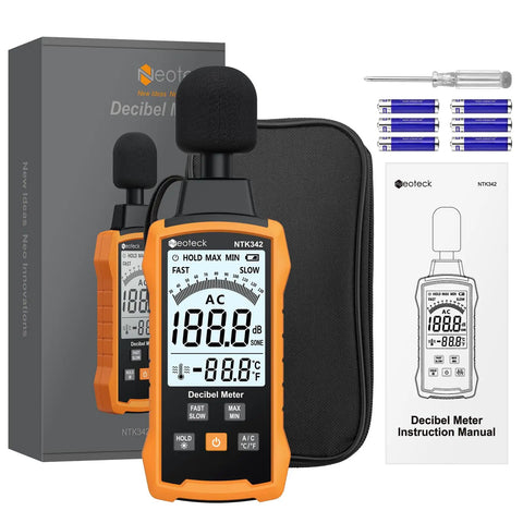 Compact Decibel Meter With A And C Weighting For Real World Noise Readings, 30 To 130 dB Digital Sound Level Meter For Environmental, Industrial, And Studio Use, orange handheld unit with case