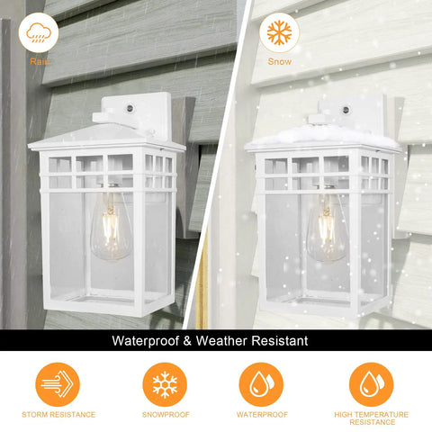 Auto On Outdoor Wall Lantern with Dusk To Dawn Sensor Seeded Glass Sconce, white finish, mounted on a wall in rain and snow