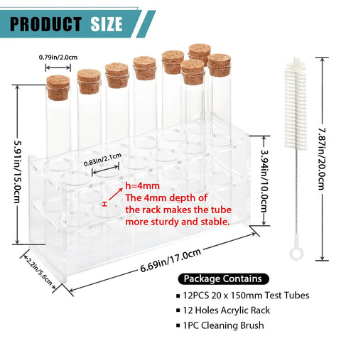 Twelve 30ml Glass Test Tubes With Cork Stopper, 20x150mm Storage Tubes With Cap, Twelve Hole Acrylic Rack, Brush Included