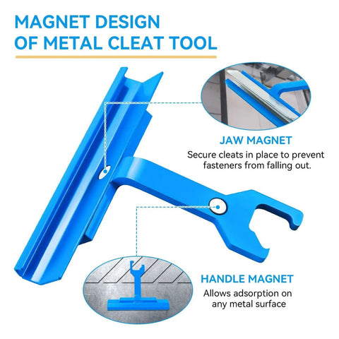 4 Inch Clip Cleat Tool for HVAC ductwork with blue magnetic design for TDC and TDF clamps, showing jaw and handle magnets