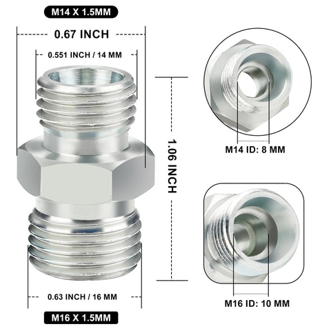 Hydraulic adapter fittings, ANCIMOON 4-pack M14 to M16, DIN-style, silver metal for mini excavator hoses