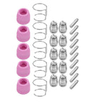 Premium Plasma Cutter Tips Kit With Steel Electrodes And Nozzles Plus Protective Covers, includes 5 pink nozzles and 10 steel tips.