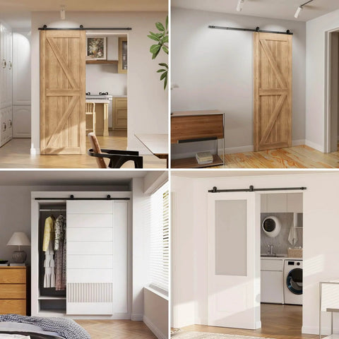 11Ft Sliding Track Barn Door Hardware Kit For A Single Wood Door Heavy Duty T Shaped Style Black, installed in various settings