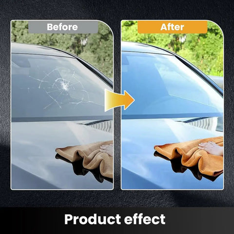 Before and after using Windshield Crack Repair Kit With Nano Glass Repair Fluid on car window to restore clarity in minutes.