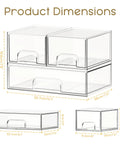 3 Pack Clear Acrylic Stackable Storage Drawers For Makeup And Bathroom Organizer, dimensions with measurements in cm and inches.