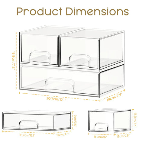 3 Pack Clear Acrylic Stackable Storage Drawers For Makeup And Bathroom Organizer, dimensions with measurements in cm and inches.