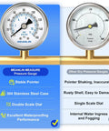 Comparison of stainless steel dry pressure gauge with 2-inch dial and regular gauge, highlighting stability and waterproof features.