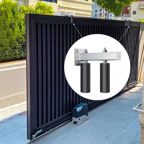 Six Inch Slide Gate Guide Roller with Adjustable UHMW Nylon Guider and Heavy Duty Steel Bracket Black Powder Coat installed on a gate