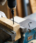 Drill in use on wood with 15-Piece Countersink Drill Bit Set With Adjustable Tapered Countersinks Wood Plug Cutters Magnetic Ext