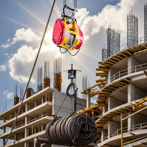 Front view of yellow and red electric hoist winch lifting a coil of steel cable at a construction site
