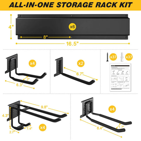 Dimensions and components of 99 Inches Garage Storage Wall Mount Organizer with Beefy Heavy Duty Shelving and Adjustable Metal Hooks