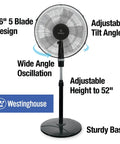16 Inch Pedestal Fan With Five Blade Design And Three Speed Settings For Powerful Oscillating Airflow Featuring A Tilting Head And Adjustable Height In Sleek Black