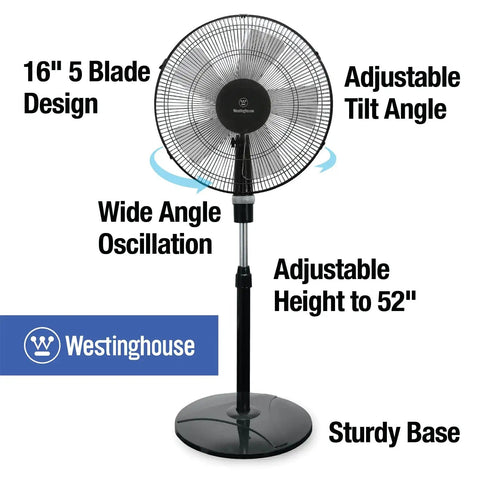 16 Inch Pedestal Fan With Five Blade Design And Three Speed Settings For Powerful Oscillating Airflow Featuring A Tilting Head And Adjustable Height In Sleek Black