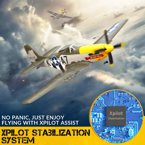 Beast Ready To Fly 4CH Brushless P51D Mustang RC Plane with 500mm Wingspan, showcasing Xpilot stabilization in flight.