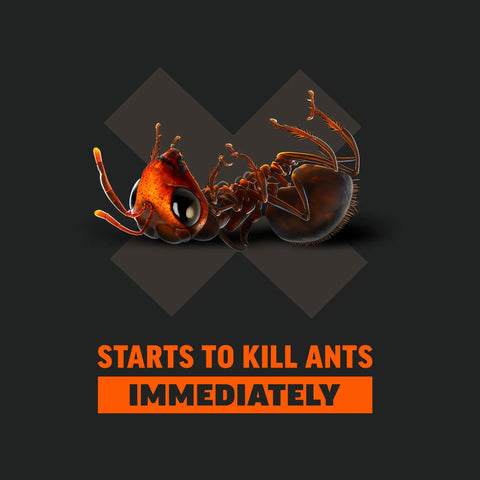 Fire Ant Killer Bait Granules 2 Lbs Easy Fast Acting Fire Ant Control For Mounds And Yards Dual Action Targeting Visible And Hidden Nests Attracts And Kills Ants Quickly See Fewer Ants In A Week; image shows a fire ant with text 'Starts to kill ants immediately' on a dark background.
