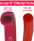 Heavy Duty Self Coiling Air Hose With Legit Slick Polyurethane Build And 3/8 Inch ID By Ten Feet Length comparing 3/8 and 1/4 inch openings.