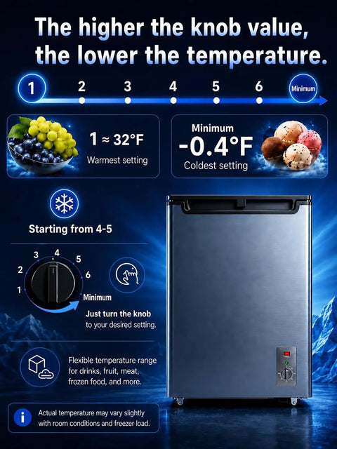 7.0 Cu Ft Compact Chest Freezer Energy Efficient Low Noise Cold Storage showing temperature settings and adjustable knob.