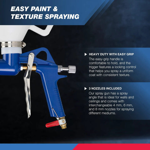 Air Texture Sprayer Gun With 1.32 Gallon Hopper And 3 Nozzles 4.0mm 6.0mm 8.0mm for drywall, with easy-grip handle detail.