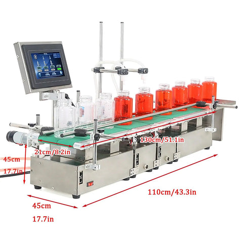 Double Head Automatic Bottle Filler Machine With Conveyor Belt, stainless steel liquid dispenser for beverages.