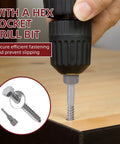 Hex socket drill bit securing heavy duty wood lag screw into wooden board, part of the Heavy Duty Wood Lag Screws Set 304 Stainless Steel 3/8 Inch By 3 Inch Hex Head Bolts With Washers 50 Pack Includes 50 Washers And Hex Socket Drill For Decks Fences Outdoor Projects