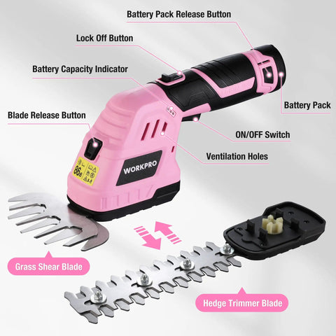12V Cordless Grass Shear And Shrub Trimmer 2 In 1 Handheld Hedge Trimmer Electric Bush Trimmer And Grass Cutter With 2.0Ah Rechargeable Lithium Ion Battery And 1 Hour Fast Charger Pink Ribbon Edition