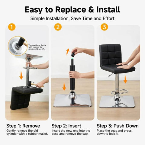 Installation steps for Beefy Heavy Duty Gas Lift Cylinder Replacement 1000 lb capacity for bar stools and office chairs.