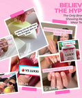 Collage showing Brush On Nail Glue For Press On Nails With Precision Applicator Pink Gel Adhesive reviews and tests