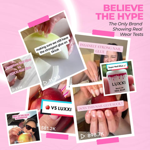 Collage showing Brush On Nail Glue For Press On Nails With Precision Applicator Pink Gel Adhesive reviews and tests