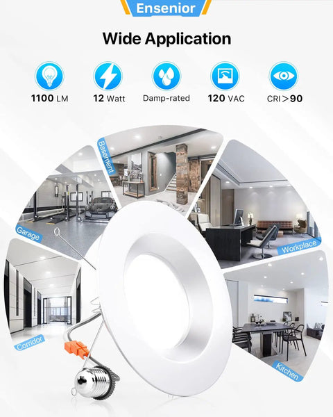 LED can light with 1100 lumens and metal smooth trim, showcasing daylight and wide application in various rooms