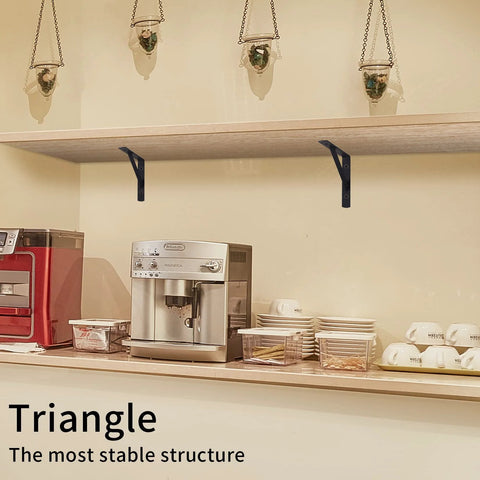 8 Piece L Shaped Metal Shelf Brackets for Wall Mounts, supporting a laminated wooden shelf with kitchen items displayed underneath.