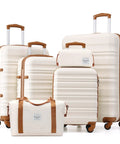 Front view: Long Vacation 6-piece luggage set: beige-brown ABS+PC hardshell suitcases with spinner wheels and TSA locks