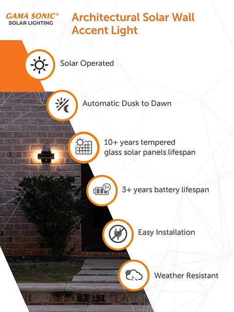 Architectural Outdoor Solar Wall Light With Motion Sensor 120 Lumens Dual Color on brick wall, dusk to dawn feature