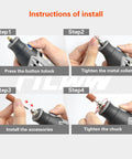 Four-step installation guide for Sixteen Piece Drill Chuck Collet Set For Rotary Tools 0.8 To 3.2 Millimeter Range Replacement 4486 Keyless Bit