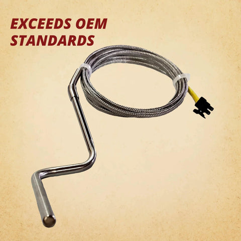K-type thermocouple sensor with braided stainless steel sheath, metal probe, and yellow insulated lead with plug.
