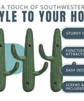 Roll With That Chill Southwest Vibe Using This Set Of Three Rustic Green Cast Iron Cactus Wall Hooks with sturdy installation.