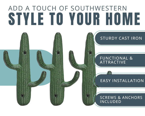 Roll With That Chill Southwest Vibe Using This Set Of Three Rustic Green Cast Iron Cactus Wall Hooks with sturdy installation.
