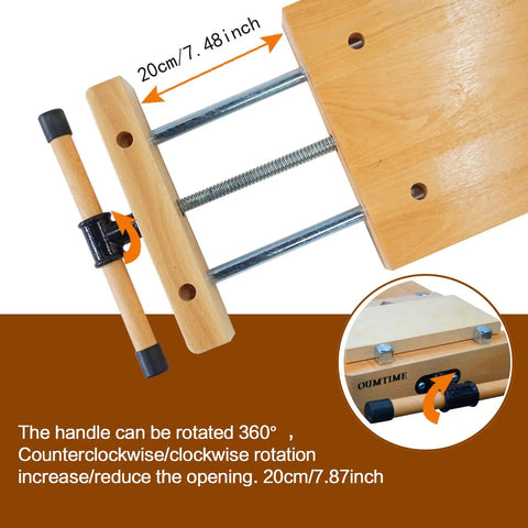 Heavy Duty Portable Woodworking Bench Vise Crafted From Premium Hardwood With Four Dead Simple Bench Dogs And Dual Lockdown Clamps for 20cm handle adjustment.