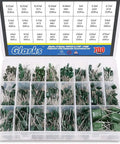 Value Packed Polyester Film Capacitor Assortment Kit With 700 Pieces Across 24 Values In Clear Box 0.22nF To 470nF Range Non Polar Radial Leads For Through Hole DIY Electronics Projects showing capacitors arranged in compartments.
