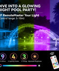 Multi-colored pool fountain with remote lights showing 9 colors, 4 modes, at night, enhancing outdoor pool ambiance.