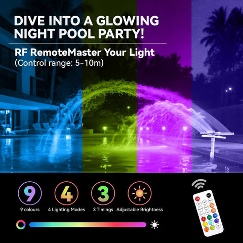 Multi-colored pool fountain with remote lights showing 9 colors, 4 modes, at night, enhancing outdoor pool ambiance.